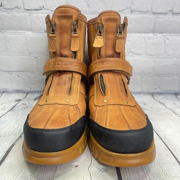 VTG Polo Ralph Lauren Sports Boots Tan Duck Leather Double Zip Strap Hunt Shoes - Picture 2 of 16